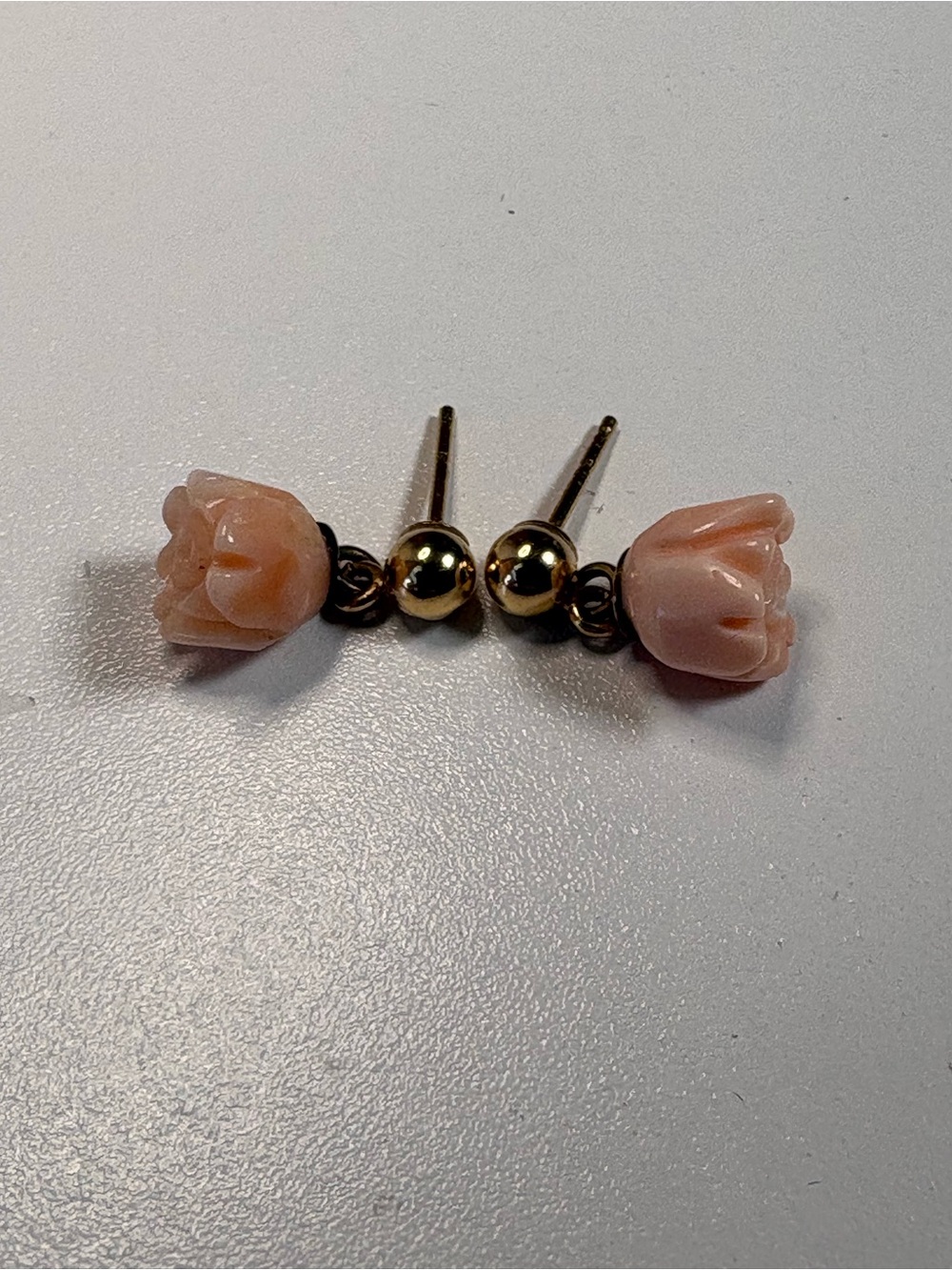14K Gold Angel Skin Coral Carved Rose Bud Stud Earrings Vintage Pink Floral